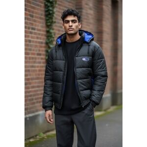 Vintage Rooky Sport Puffer Jacket Black Blue Hooded Zip Up Winter Mens XL NEW